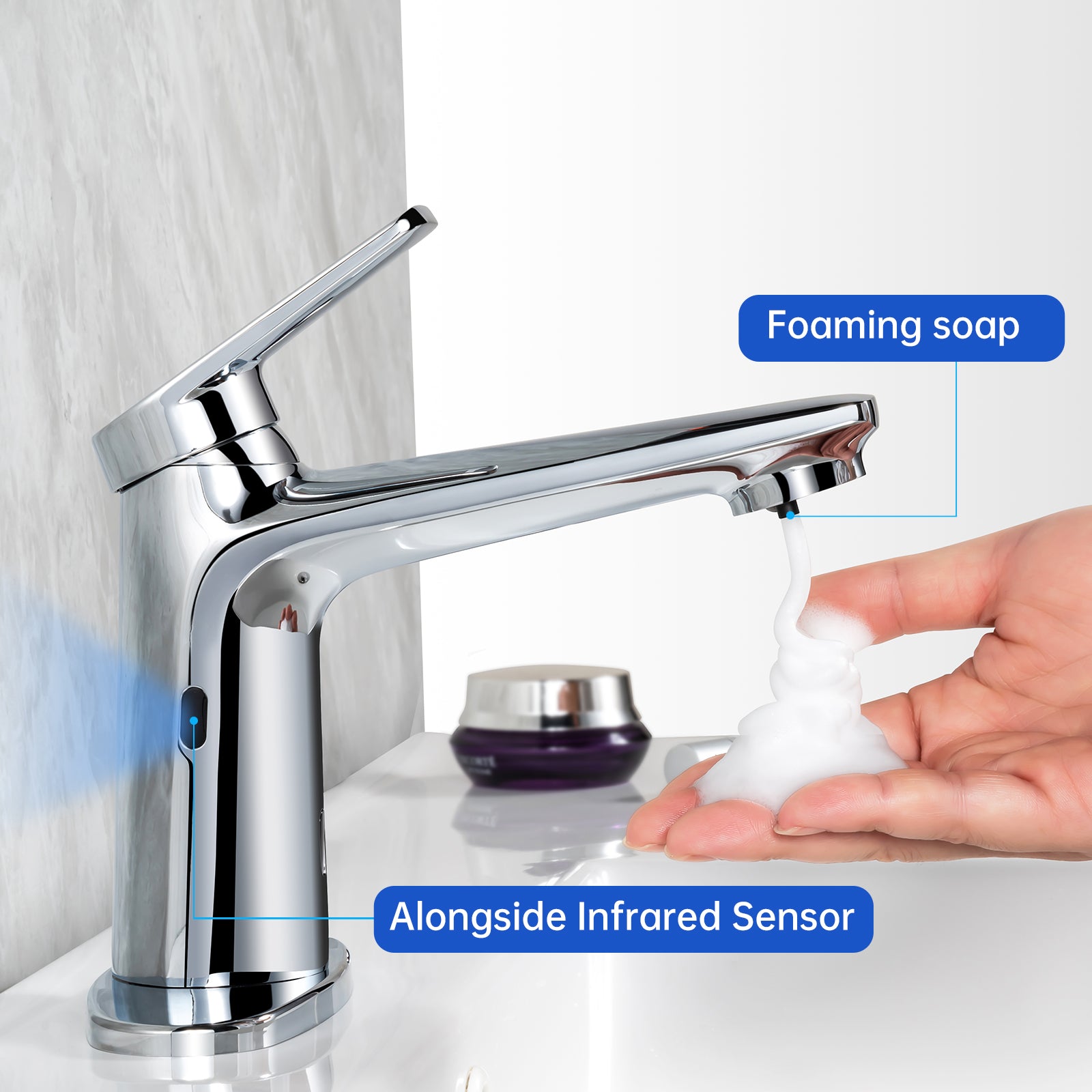 Close-up of touchless sensor technology on GOESMO 29101 bathroom sink faucet