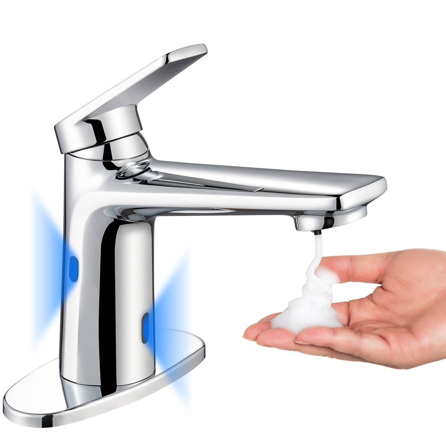 GOESMO 29101 single handle touchless bathroom sink faucet with soap dispenser, modern design in chrome finish