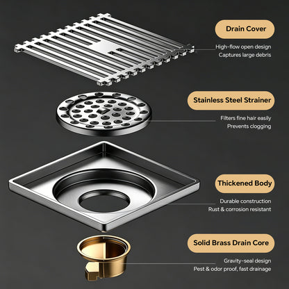 durable square shower drain cover with high flow drainage and debris filter