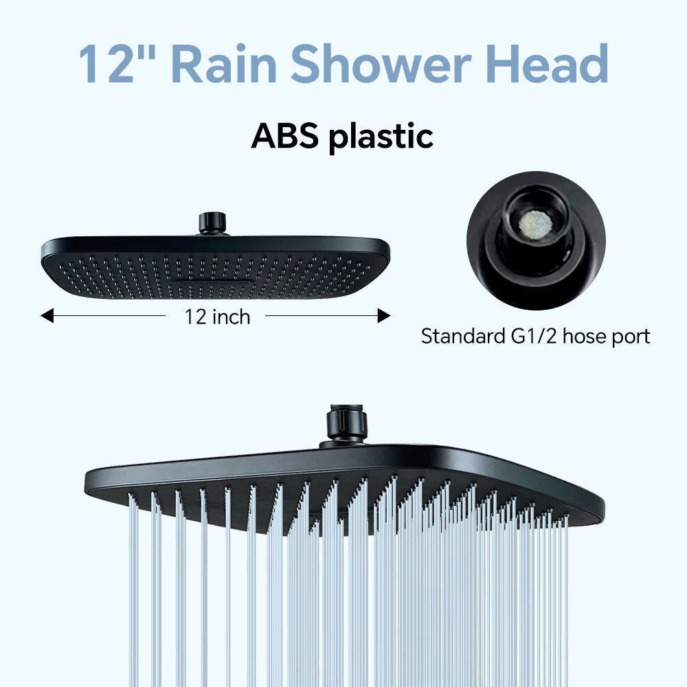 12-inch ABS plastic rain shower head for a relaxing, wide water coverage