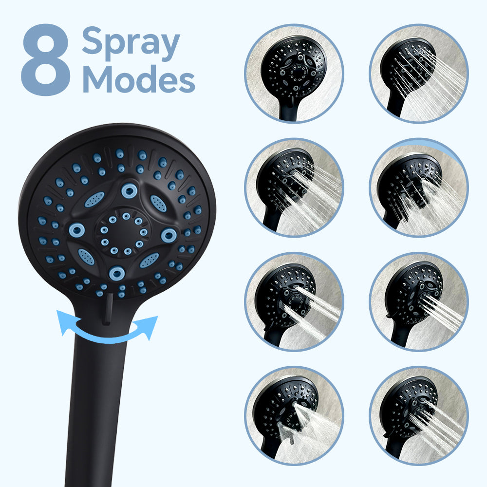 Handheld shower head with 8 spray modes for customized water flow and pressure